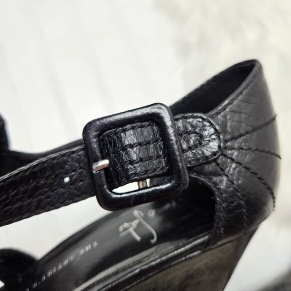 Franco Sarto Women's Size 7 M Black Leather Wedge Sandals Heels Peep Toe Buckle - Picture 9 of 11